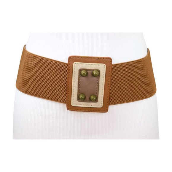 Women Brown Wide Elastic Belt Geometric Square Antique Gold Studs S M z042 - Picture 11 of 16